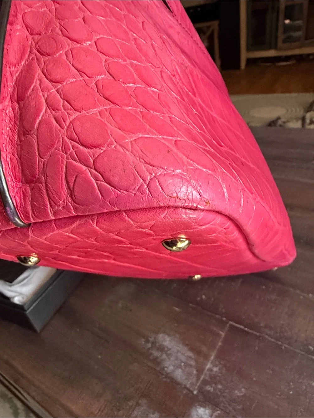 MCM Pink Croc-Embossed Top Handle Satchel with Gold Hardware